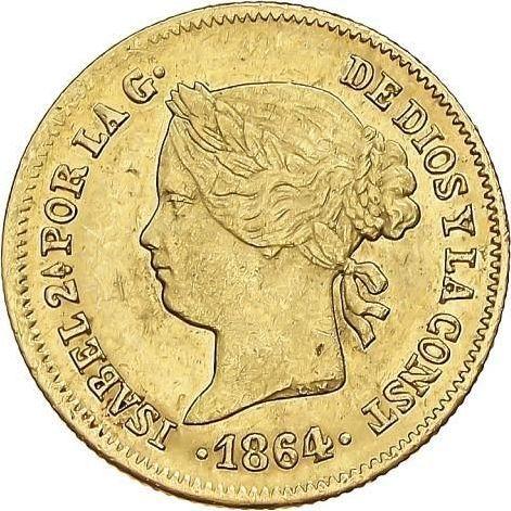 Аверс монеты - 1 песо 1864 года - цена золотой монеты - Филиппины, Изабелла II