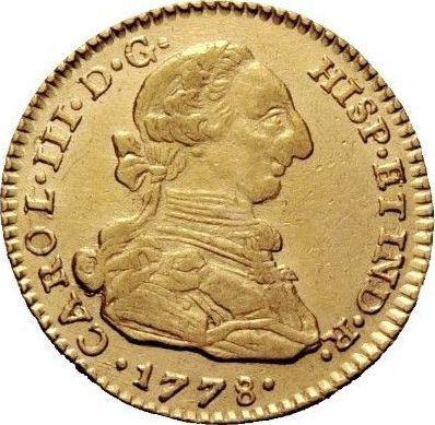 Аверс монеты - 2 эскудо 1778 года NR JJ - цена золотой монеты - Колумбия, Карл III