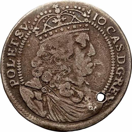 Аверс монеты - Шестак (6 грошей) 1658 года TLB "Портрет с обводкой" Год под гербами - цена серебряной монеты - Польша, Ян II Казимир