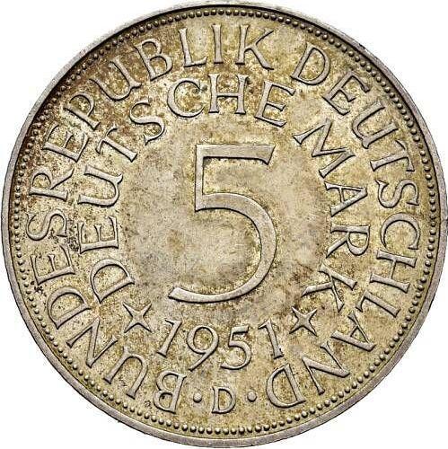 Аверс монеты - 5 марок 1951 года D Односторонний оттиск - цена серебряной монеты - Германия, ФРГ