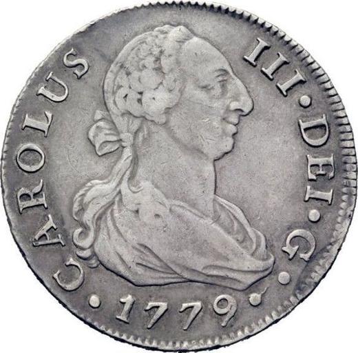Аверс монеты - 8 реалов 1779 года S CF - цена серебряной монеты - Испания, Карл III