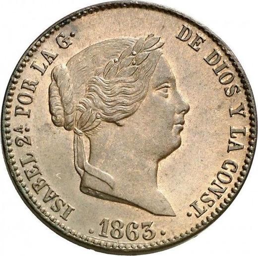 Аверс монеты - 25 сентимо реал 1863 года - цена  монеты - Испания, Изабелла II