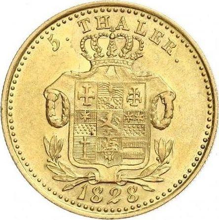 Реверс монеты - 5 талеров 1828 года - цена золотой монеты - Гессен-Кассель, Вильгельм II