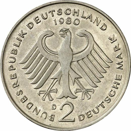 Rewers monety - 2 marki 1980 D "Theodor Heuss" - cena  monety - Niemcy, RFN