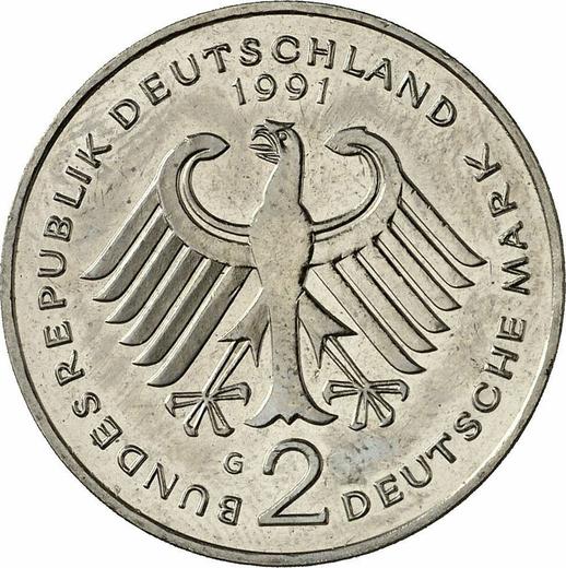 Rewers monety - 2 marki 1991 G "Ludwig Erhard" - cena  monety - Niemcy, RFN