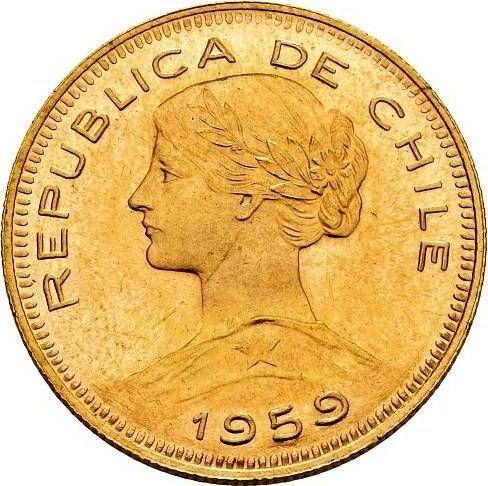 Аверс монеты - 100 песо 1959 года So - цена золотой монеты - Чили, Республика