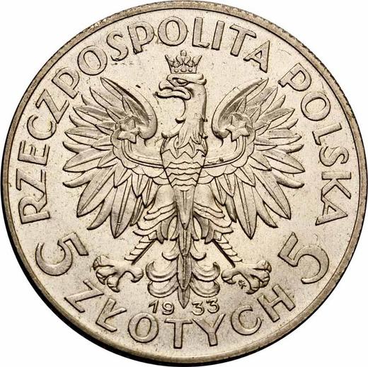 Аверс монеты - Пробные 5 злотых 1933 года "Полония" Серебро - цена серебряной монеты - Польша, II Республика