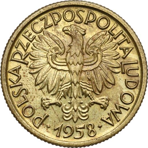 Аверс монеты - Пробные 2 злотых 1958 года WJ "Колосья и фрукты" Латунь - цена  монеты - Польша, Народная Республика